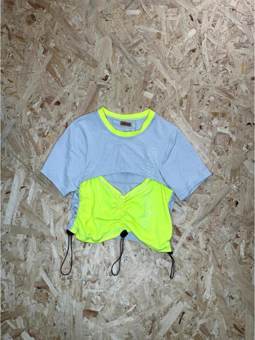 Barragan Drawstring Pegadita Baby Tee Womens L Grey Neon Yellow Crop Top New